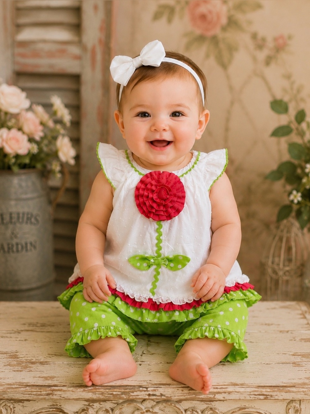 Rare Editions 2 Piece Flower and Polka Dot Outfit Size 6-9 Months